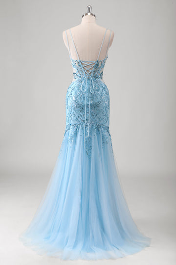 Blu sirena spaghetti cinghie Appliqued lungo Abito da Cerimonia con fessura
